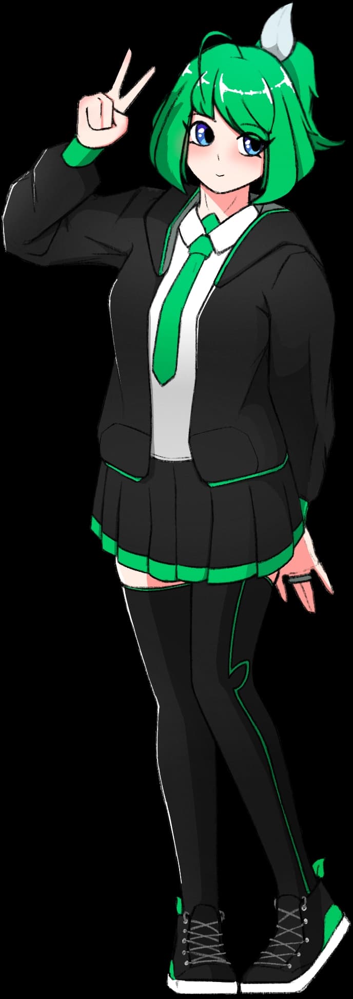 Full-body drawing of Mina doing a peace sign, front perspective.