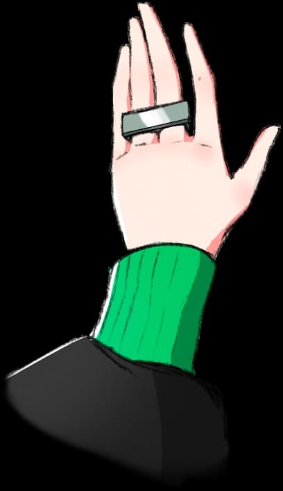 Drawing of a hand with a rectangular ring, spanning across the ring-3 and middle finger.